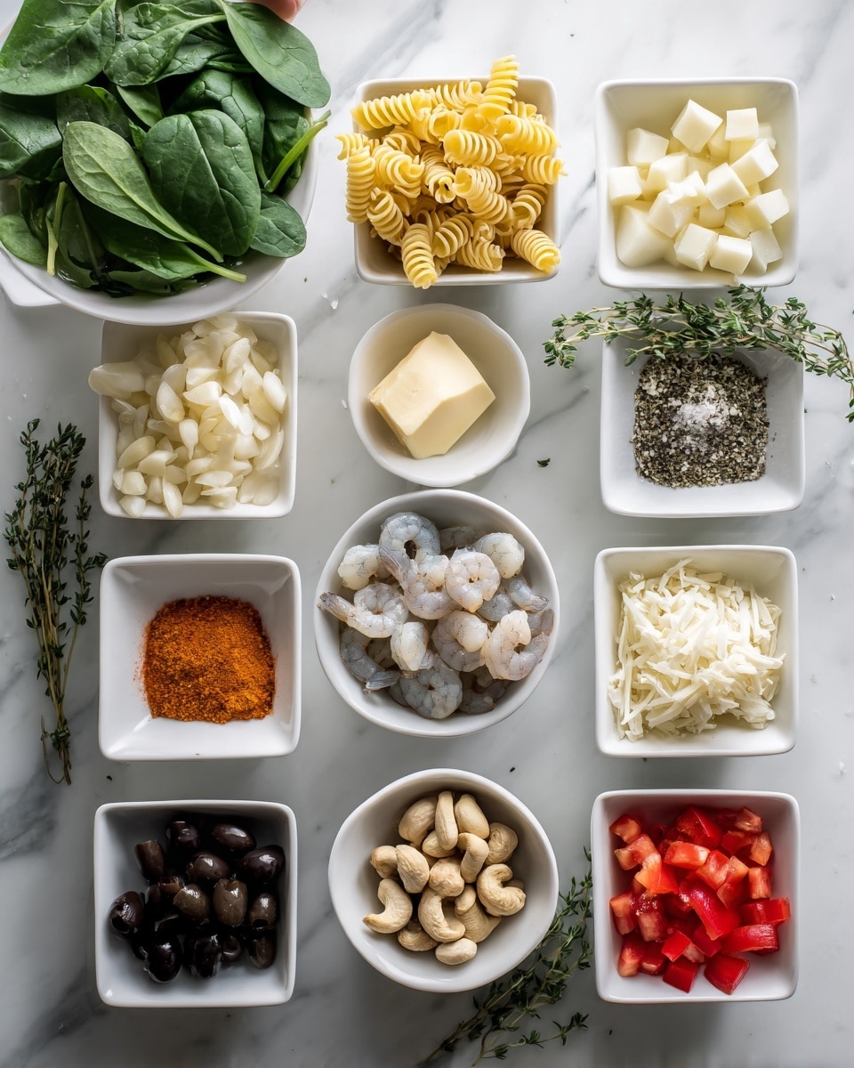 The image shows a neat arrangement of 16 small white bowls and plates placed on a white marbled surface. The top row from left to right: fresh green spinach leaves, spiral pasta, a small piece of light yellow butter, minced garlic, and cube-shaped white onion pieces. The second row: five red cherry tomatoes in a dark square dish, raw grey shrimp in a deep white bowl, bright orange paprika powder, white salt, and light brown cashew nuts. The third row: a white bowl filled with spinach leaves, black olives in a white bowl, small red diced bell peppers, white grated cheese, and a small portion of another light ingredient, possibly garlic or a spice. There is also a single sprig of green thyme in a white bowl and a seasoning blend of black and white specks. A woman's hand reaches in from the top left corner, touching the spinach leaves. Photo taken with an iphone --ar 4:5 --v 7