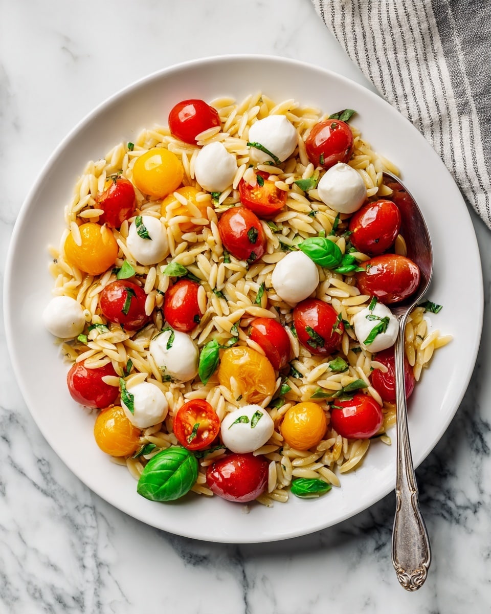 A white plate filled with a colorful orzo pasta salad is shown, with one layer of small, rice-shaped, light beige orzo pasta covering the base. Scattered evenly on top are halved bright red and orange cherry tomatoes, some slightly roasted with a juicy texture. Small white mozzarella balls with a smooth, shiny surface are placed sporadically throughout the dish. Fresh green basil leaves are distributed over the pasta and tomatoes, adding a pop of bright green color and fresh texture. A silver spoon rests on the right side of the plate, partially under the orzo salad. The plate is set on a white marbled surface with a striped cloth seen faintly in the top corner. Photo taken with an iphone --ar 4:5 --v 7