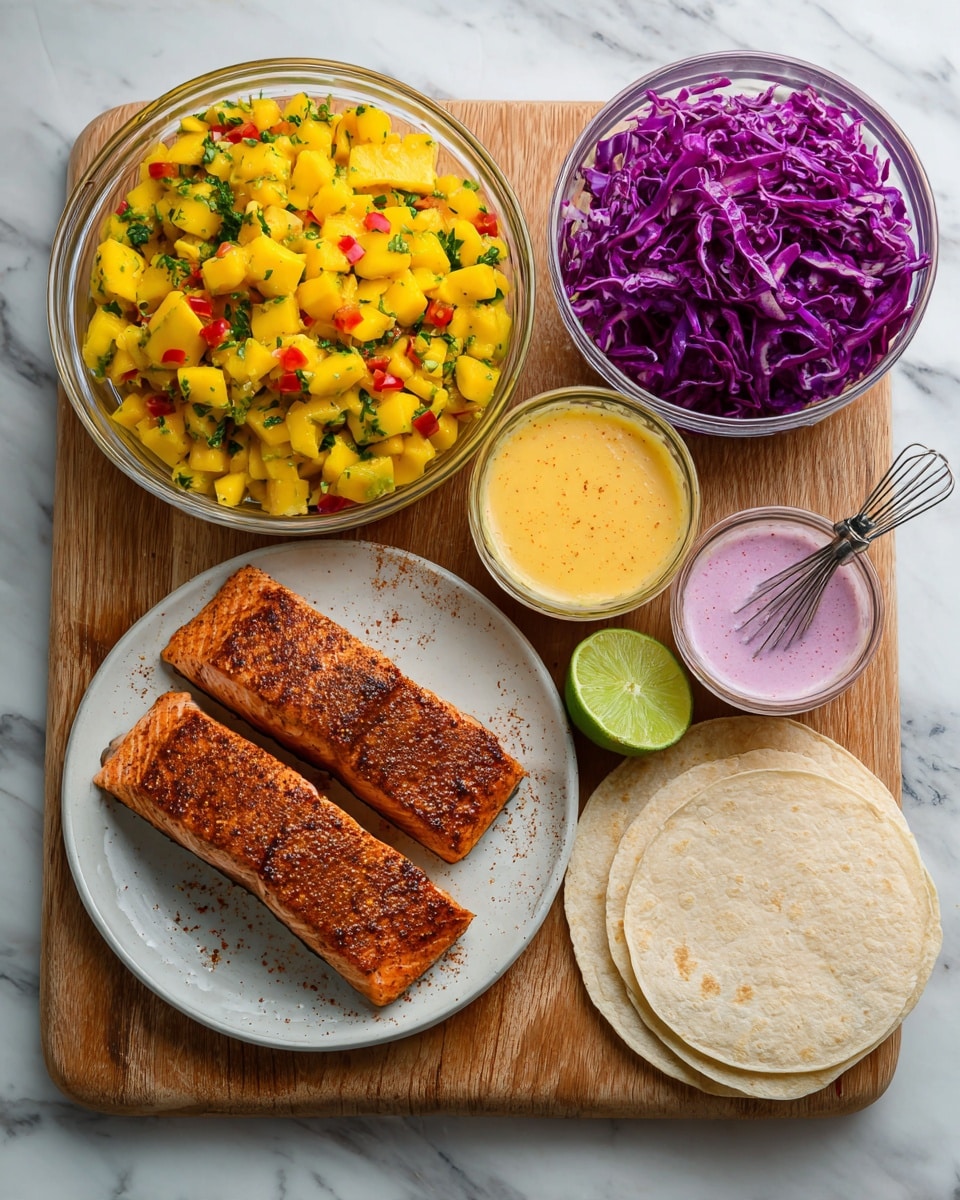 The image shows a wooden board on a white marbled surface holding several food items: two pieces of seasoned cooked salmon with a reddish-brown color, placed side by side on a white plate that has some seasoning sprinkled around; a bowl with bright yellow diced mango salsa mixed with green herbs, red bell pepper pieces, and visible lime wedge on the edge; a clear glass bowl filled with purple shredded cabbage; a smaller clear glass bowl containing pinkish creamy sauce with a small whisk inside; and a small stack of three white flour tortillas resting beside the sauce bowl. Photo taken with an iphone --ar 4:5 --v 7