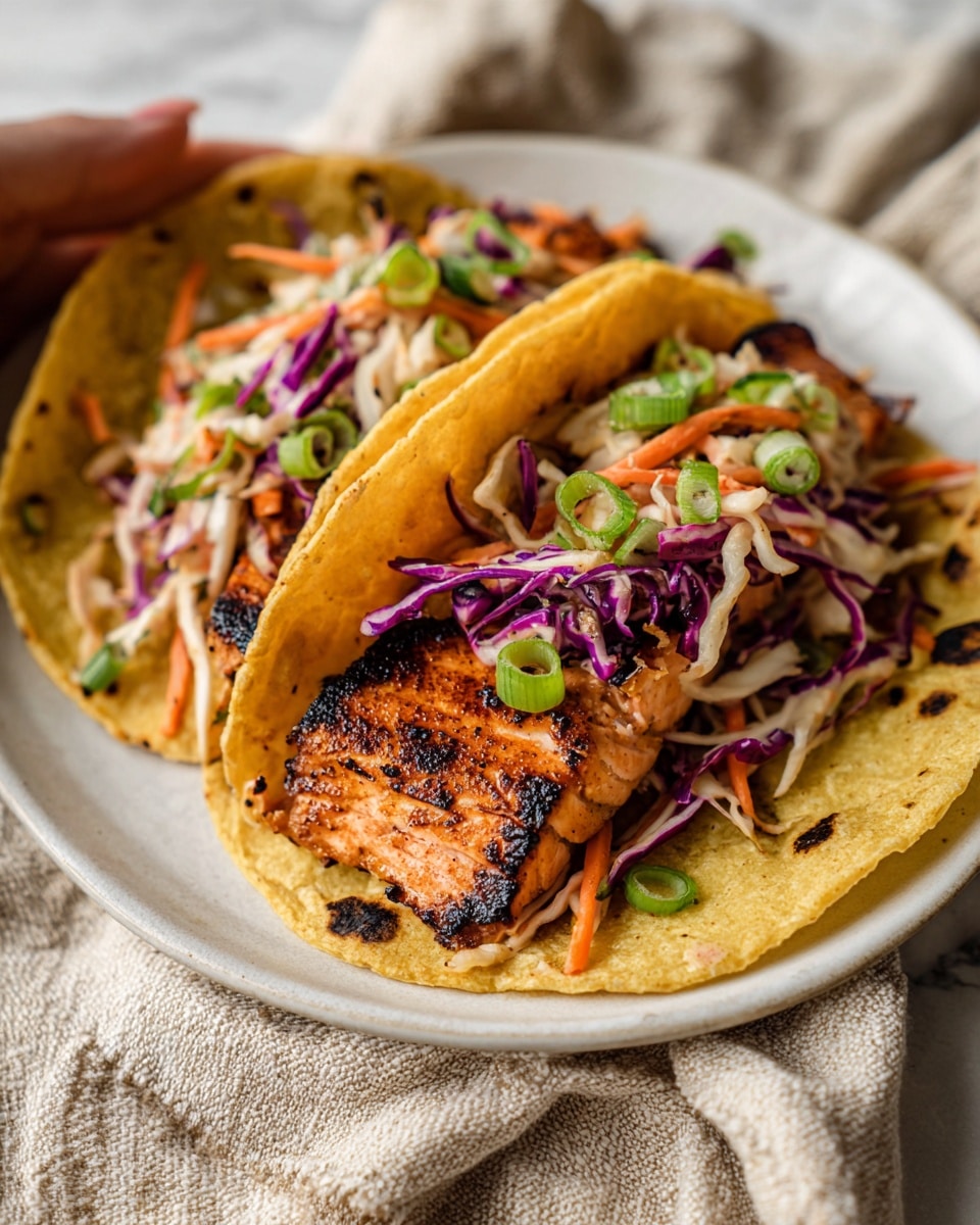 Two open tacos rest on a white plate placed on a white marbled surface, each tortilla showing slight charring around the edges with a golden-yellow color. Each taco contains a thick layer of grilled salmon with visible dark grill marks, topped with a mixed slaw of shredded purple and white cabbage combined with carrot slices, adding a fresh crunch. The slaw is garnished with thinly sliced green onions scattered over both tacos. A woman's hand is partially visible near the plate on a textured beige cloth, enhancing the casual, inviting scene. Photo taken with an iphone --ar 4:5 --v 7