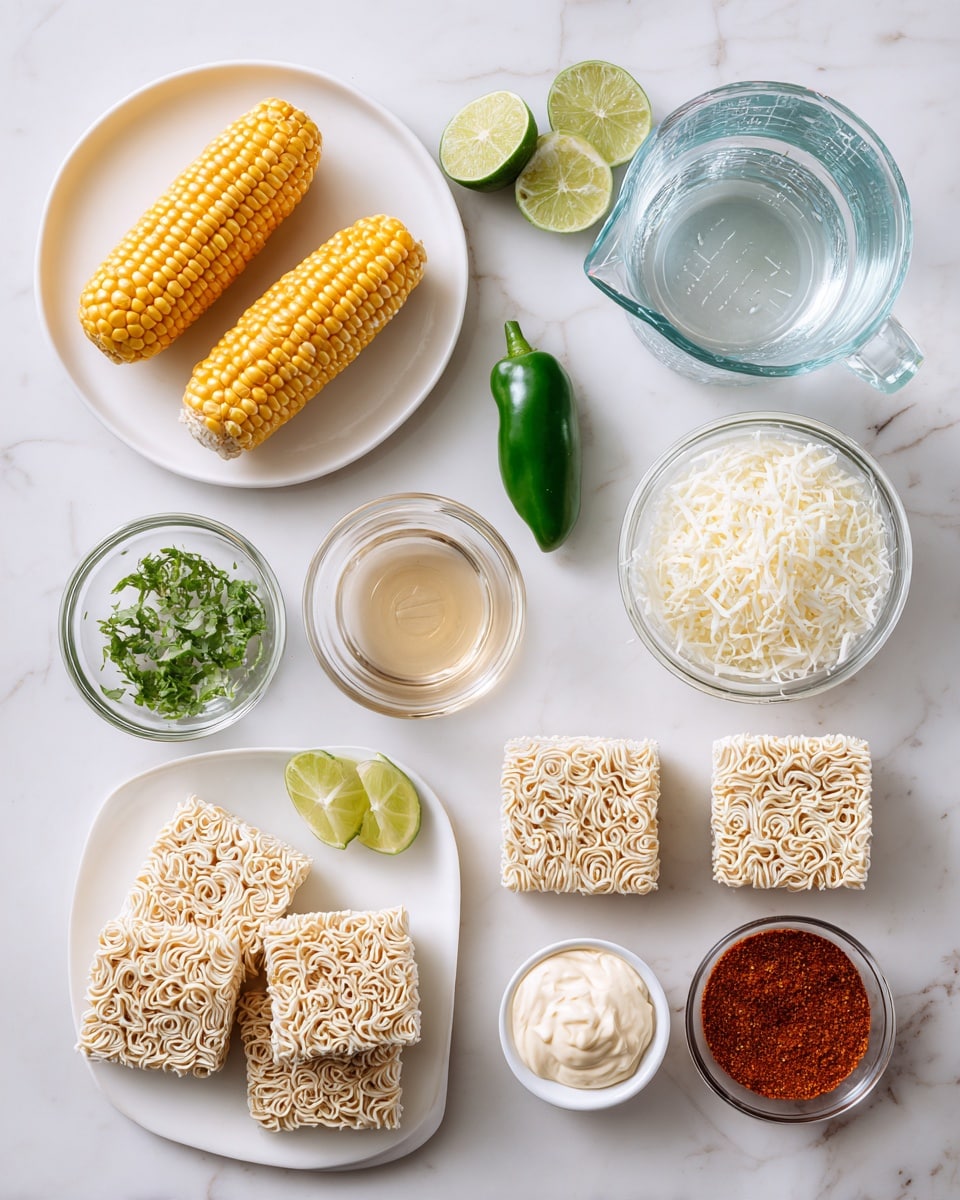 The image shows 12 cooking ingredients arranged neatly on a white marbled surface. On the left side, there is a white plate with two yellow corn cobs. Above it, there is a clear glass measuring cup filled with water. Next to the cup, in the middle row, there is a small glass bowl with light beige liquid, a green jalapeño pepper, a small white bowl with chopped green herbs, a clear bowl filled with shredded white cheese, and a small glass bowl with red powder. On the right side, a white plate holds three square blocks of uncooked instant noodles. Below, there are three small bowls: one with mayonnaise, one with small white cheese crumbles, and one with lime wedges. A small glass bowl with a reddish-brown sauce sits near these bowls. Photo taken with an iphone --ar 4:5 --v 7