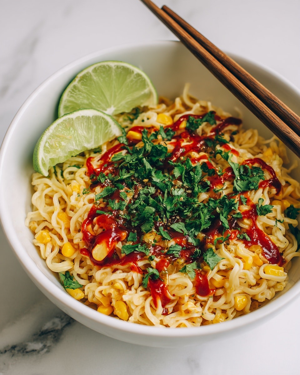 The image shows a white bowl filled with a colorful noodle dish. The bottom layer is light yellow noodles mixed with small pieces of grilled corn showing a slight char. On top, there is a drizzle of red sauce spread unevenly, sprinkled with chopped green herbs, mainly cilantro. Two lime wedges sit on the side resting against the noodles, adding a fresh green touch. A pair of wooden chopsticks rest across the bowl’s edge. The bowl is placed on a white marbled surface. Photo taken with an iphone --ar 4:5 --v 7