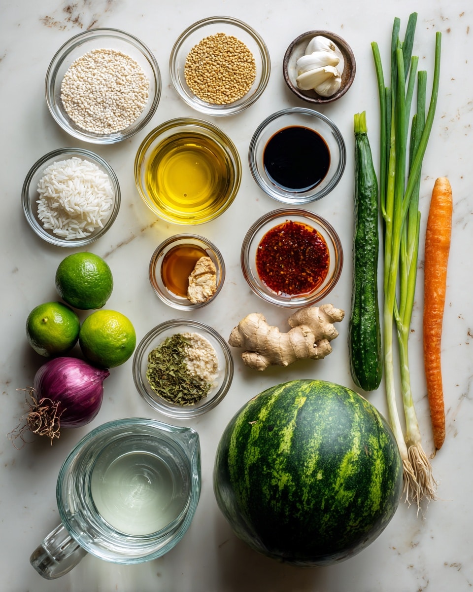 The image shows a flat lay of various ingredients on a white marbled surface. There are twelve small clear glass bowls containing different items, including white rice, sesame seeds, a yellow liquid oil, a dark soy sauce, a red sauce, a white creamy sauce, a light brown liquid, and a peeled clove of garlic. Next to the bowls are fresh vegetables and herbs: two small green limes, two small purple onions, a long orange carrot, a small green cucumber, a whole avocado, a piece of ginger, and three long green onion stalks. A large dark green round watermelon is placed at the bottom right. A clear glass pitcher with water is also visible at the bottom left. The arrangement is neat and spread out evenly. photo taken with an iphone --ar 4:5 --v 7
