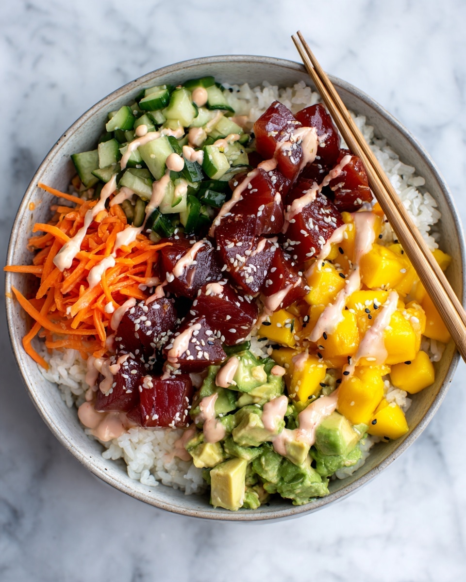 A bowl with four layers is shown on a white marbled surface. The bottom layer is white rice. On top, from left to right, there is a layer of chopped cucumber pieces in light and dark green shades, shredded orange carrots, a row of dark red cubed fish with a shiny texture and sprinkled with white sesame seeds, and lastly, a mix of bright yellow mango cubes and light green diced avocado. The whole bowl has drizzles of light pinkish sauce over it, and a pair of light brown chopsticks rest across the top edge of the bowl. Photo taken with an iphone --ar 4:5 --v 7