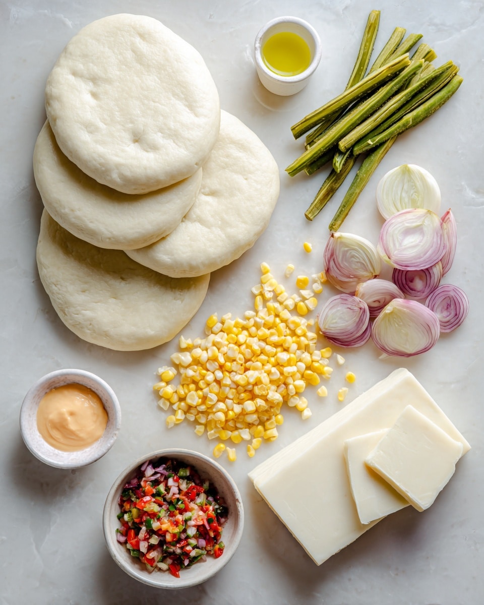 The image shows a collection of ingredients neatly spread on a white marbled surface. There are four large, round, smooth white dough circles stacked on the top left. To the right, there are cut green vegetable sticks arranged in a small pile. Below the dough, there is a small amount of yellow oil in a small container, next to a dollop of light orange sauce. Below these, there is a generous pile of yellow corn kernels scattered loosely. Near the center, there is a bunch of sliced shallots with pinkish skin, and next to it, a white block of cheese with some round slices of the same cheese placed beside it. In front of the cheese, there is a small white bowl filled with red and green salsa made of tiny diced vegetables. photo taken with an iphone --ar 4:5 --v 7
