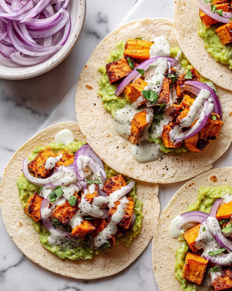 The image shows a close-up of three small white tortillas on a white marbled surface, each topped with a thick green spread of mashed avocado, small cubes of browned and seasoned sweet potatoes, thin slices of orange roasted squash, and thin rings of light purple onion. There is also a drizzle of creamy white sauce over the toppings on each tortilla, with a light sprinkle of ground black pepper. To the left, there is a small white bowl filled with more light purple onion rings. The textures of the toppings contrast with the soft tortillas and the smooth sauce, all placed neatly with vibrant colors. photo taken with an iphone --ar 4:5 --v 7
