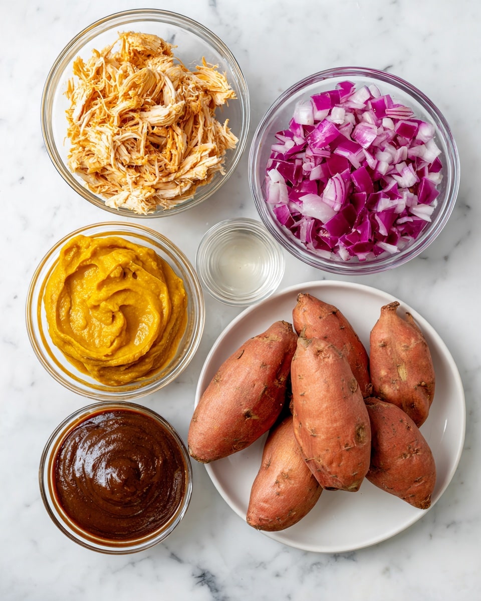 This image shows five clear glass bowls and one white plate on a white marbled surface. In the white plate at the bottom right, there are four whole baked sweet potatoes with a reddish-brown skin. To the left of the plate is a bowl filled with shredded cooked chicken. Above this is a bowl of diced red onions, showing a vibrant purplish-red color. Next to the onions, there is a bowl of smooth yellow sauce or puree with a creamy texture. Below the yellow sauce is a bowl of thick dark brown sauce with a glossy texture, and next to it, a small bowl with a clear liquid. The arrangement is neat and the colors stand out against the bright white marble background. photo taken with an iphone --ar 4:5 --v 7