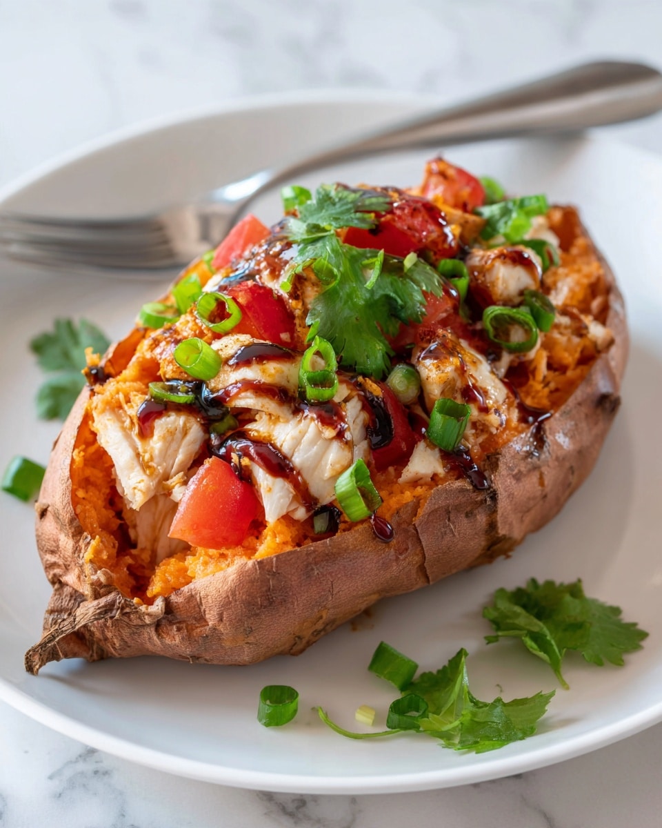 A baked sweet potato is sliced open on a white plate with a white marbled background, showing a soft orange inside. The potato is filled with small white pieces of chicken mixed with chopped red tomatoes, green onions, and fresh green cilantro leaves. There is a drizzle of dark sauce on top, adding a glossy finish. The edges of the potato skin are rough and brown, contrasting with the bright filling. A fork is placed beside the plate. Photo taken with an iphone --ar 4:5 --v 7