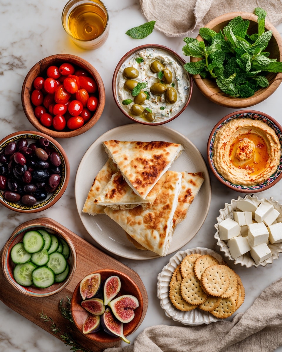 The image shows a set of white bowls and plates arranged on a white marbled surface, each holding vibrant Mediterranean-style foods. At the center, there is a white plate with six golden-brown flatbread triangles stacked slightly overlapping. Surrounding this are various circular bowls: bright red cherry tomatoes, black and green olives, sliced green cucumbers, creamy white yogurt sauce with herbs, vine leaves, a light tan hummus spread on a wooden board, and a light orange chickpea dip garnished with green herbs. There is also a small bowl of white cube-shaped cheese, round crackers on a scalloped white plate, and a small wooden bowl filled with fresh green mint leaves at the top. A cup with a golden liquid, likely olive oil, sits near the top left, and a smaller bowl with halved fresh figs showcases their pink inner flesh and green outer skin. A beige cloth is casually placed near the white bowls. photo taken with an iphone --ar 4:5 --v 7