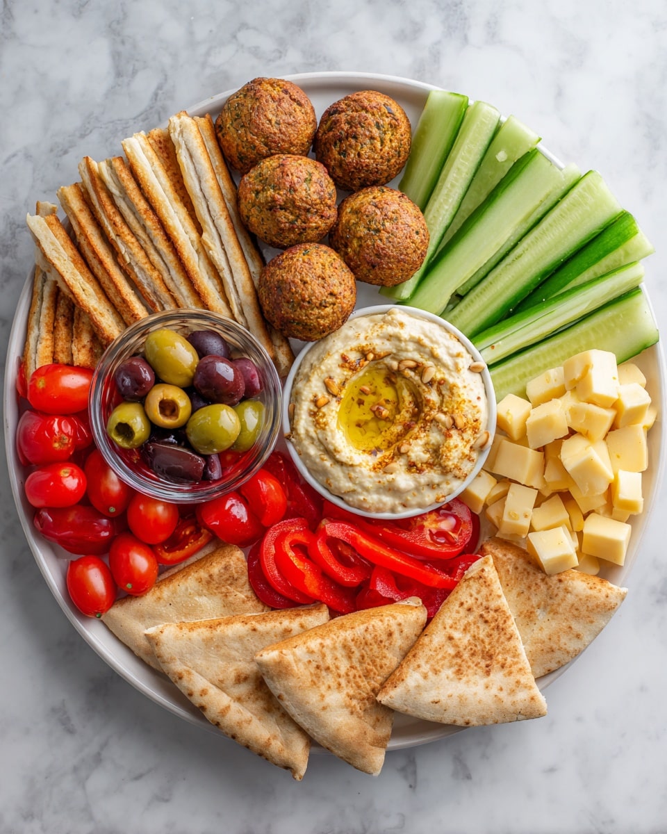 A large white plate is filled with several arranged food sections on a white marbled surface. Starting from the left, there are light brown pita bread triangles layered in two rows, next to grilled light beige halloumi cheese strips with brown grill marks. In the center, round falafel balls with a rough, brown crust are grouped together. Above them is a small white bowl filled with creamy hummus topped with golden pine nuts and a drizzle of oil. Below the falafel balls are bright red cherry tomatoes, some whole and some halved, scattered around. Next to the tomatoes is a small transparent bowl filled with a mix of green and black olives, small pale yellow cubes of cheese, and red pepper pieces. At the top, long, pale green cucumber sticks are lined up vertically. On the right side, three triangular slices of light golden brown flatbread are placed side by side. There are also a few red whole cherry tomatoes and some red mini bell peppers near the top right. Photo taken with an iphone --ar 4:5 --v 7