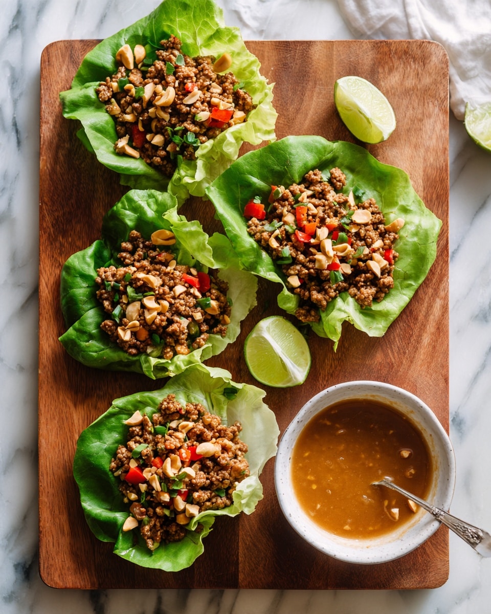 Four lettuce cups are placed on a wooden cutting board over a white marbled surface, each filled with visible layers of cooked ground meat, small red pepper pieces, and topped with crushed peanuts and a light brown sauce, adding a bit of gloss. The lettuce leaves are fresh and green with a crisp texture, acting as edible cups holding the filling. A wedge of lime is visible on the top right of the board. Next to the board on the marbled surface is a white bowl with more light brown sauce and a spoon inside. A woman's hand holding a spoon is partially visible near the bowl. The overall look is fresh and colorful with a mix of textures and natural colors. photo taken with an iphone --ar 4:5 --v 7