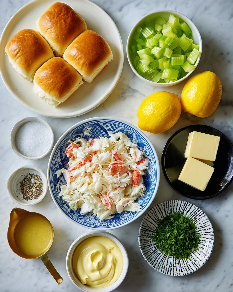 The image shows a top view of ingredients on a white marbled surface. There is a white plate with golden-brown soft bread rolls on the top left. Below it, a small white cup filled with chopped green celery sits. At the center, a blue and white patterned bowl holds shredded white crab meat with hints of red. To the right of the crab, two halved bright yellow lemons are placed side by side. Above the lemons, a small black bowl contains two squares of pale yellow butter. Below the butter, a golden measuring cup is filled with pale yellow mayonnaise. Finally, at the bottom right, a black and white patterned bowl holds chopped green herbs. A small white bowl with salt and black pepper is near the celery. Photo taken with an iphone --ar 4:5 --v 7