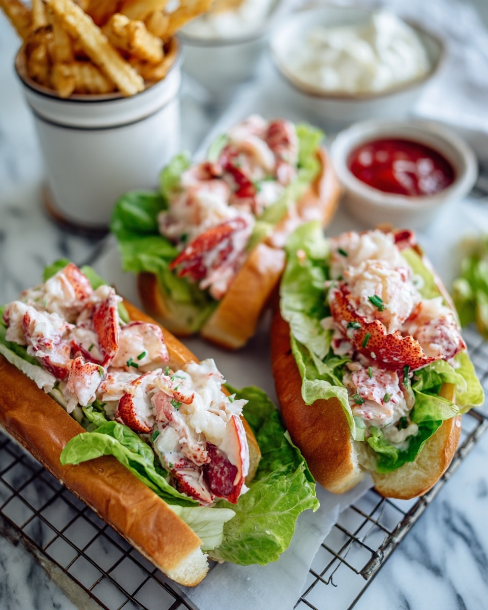 Three lobster rolls are placed on a black wire rack over a white marbled surface. Each roll has a soft, light brown bun that is slightly toasted and filled with bright green leafy lettuce at the bottom, topped with chunky white lobster meat that has red accents, coated in a creamy white dressing. In the background, there is a white cup filled with golden French fries and a small white bowl of red ketchup next to it. The scene is bright and colorful, showing fresh ingredients and a casual meal setting. Photo taken with an iphone --ar 4:5 --v 7