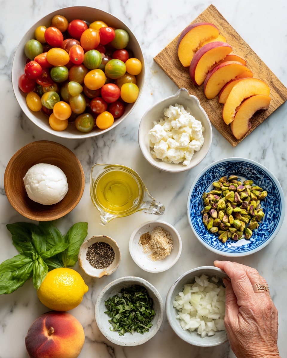 The image shows an arranged set of fresh ingredients on a white marbled surface. There is a white bowl filled with red, yellow, and green small tomatoes at the top left. To the right, two whole peaches sit next to peach slices laid flat in a neat line. Below them, a small wooden bowl holds a soft white cheese ball. To the right, chopped pistachios are in a patterned blue and white bowl. Toward the center left, a clear measuring cup holds light yellow oil, next to small white bowls with light brown, beige, and green chopped herbs. At the bottom are a halved lemon, a small pile of black pepper and salt on a white dish, finely chopped white onions in a blue and white bowl, and fresh green basil leaves. A woman's hand reaches from the left lower corner. Photo taken with an iphone --ar 4:5 --v 7