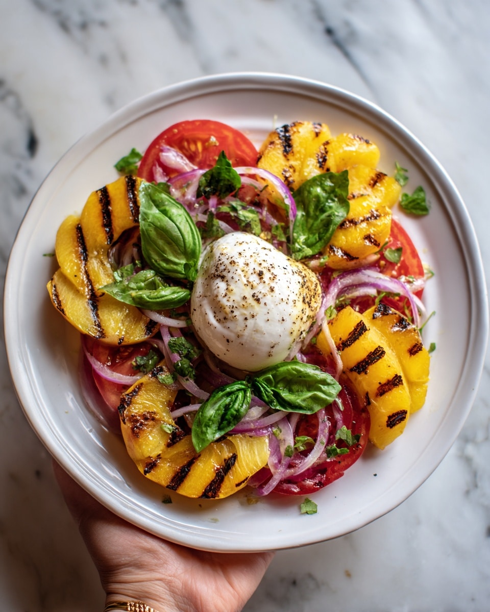 A white plate held by a woman's hand shows a colorful salad with several layers: the base is made of bright red cut tomatoes and thin white onion slices spread all over; on top, there are golden grilled peach slices with dark grill marks placed evenly around the plate; fresh green basil leaves are scattered across for color and texture; in the center sits a smooth, round ball of white burrata cheese with black pepper sprinkled on it; the whole plate rests on a white marbled surface. photo taken with an iphone --ar 4:5 --v 7