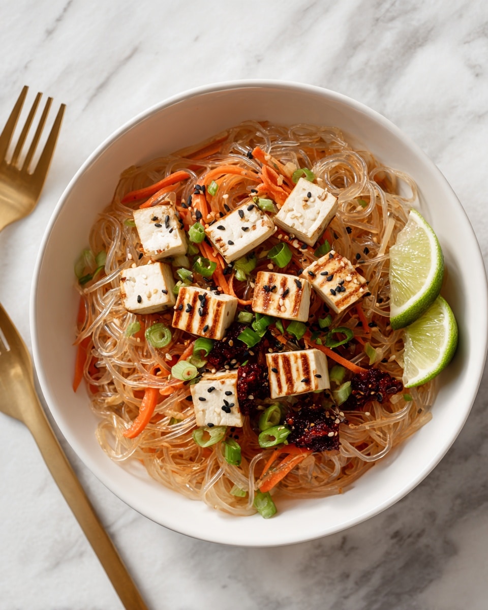 A white bowl filled with a mix of translucent noodles and small white tofu cubes that have light brown grill marks, topped with thin orange carrot strips scattered evenly throughout. There are light green sliced scallions sprinkled on top, along with black sesame seeds and small dollops of dark red chili paste adding pops of color. Two lime wedges sit on the edges of the bowl, adding a fresh touch. The bowl is set on a white marbled surface with part of a golden fork visible in the top left corner. photo taken with an iphone --ar 4:5 --v 7