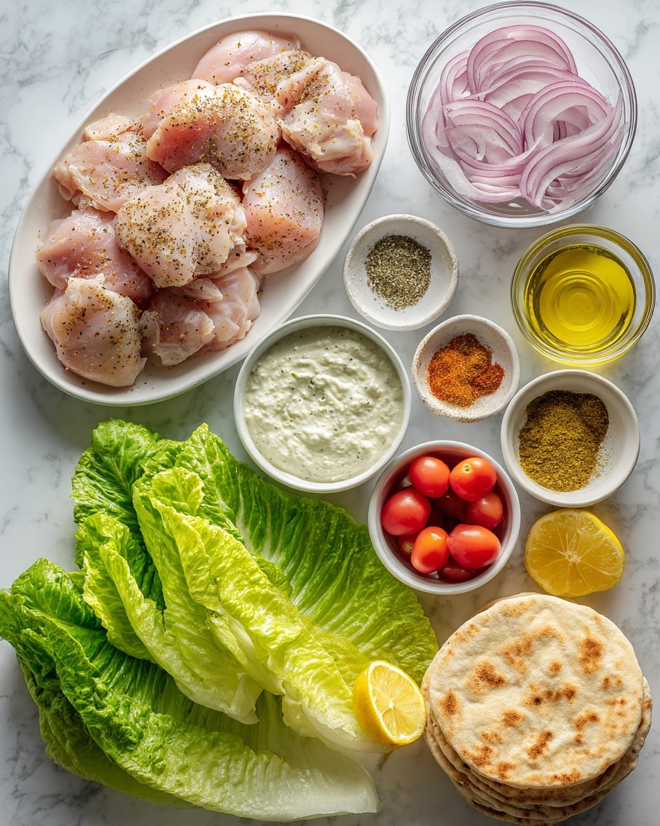 A white oval plate holds multiple pieces of raw chicken seasoned with black pepper, placed on the top left. Below the plate, bright green romaine lettuce leaves rest with fresh textures and veins visible. To the right, a white bowl contains six different spices arranged in small sections, showing colors like green, brown, orange, red, and tan. Next to the spices, cut lemon halves in bright yellow lay beside several small, round, red cherry tomatoes. A clear glass bowl filled with sliced red onion rings lies near the top right. Four round, golden-brown flatbreads are stacked neatly beside a small glass bowl of yellow olive oil. Near the bottom center, a white bowl contains creamy white sauce with a thick texture. Small bowls of salt and black pepper are placed near the lettuce. All items are on a white marbled surface, photo taken with an iphone --ar 4:5 --v 7
