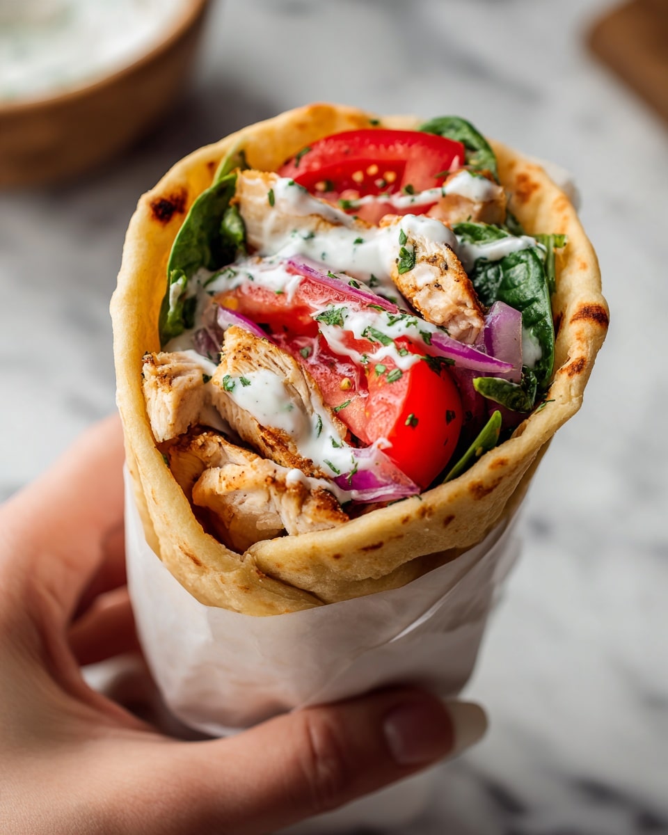 A close-up view of a stuffed wrap held by a woman's hand, showing layers inside: pieces of light brown cooked chicken, bright red tomato slices, thin slices of purple onion, fresh green spinach leaves, and a drizzle of white sauce on top. The wrap itself is golden brown with a slightly toasted texture, wrapped in white paper at the bottom. The background has a white marbled surface with a slightly blurred bowl in the upper left corner. photo taken with an iphone --ar 4:5 --v 7