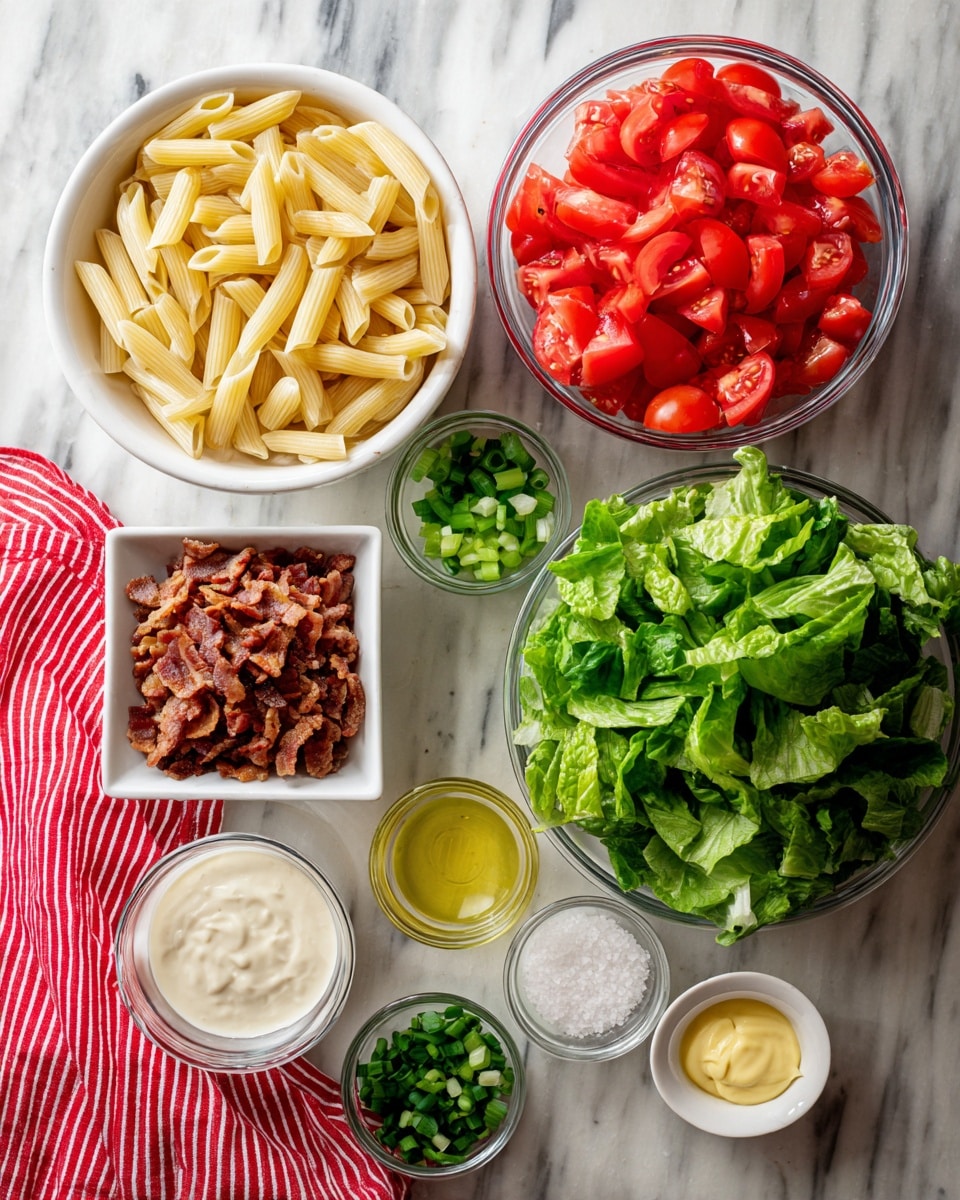 The image shows a variety of ingredients laid out on a white marbled surface with a red striped cloth nearby. There are seven bowls in total: a large white bowl filled with pale yellow cooked penne pasta at the top left, a medium clear glass bowl with bright red chopped tomatoes in the center, and a medium clear glass bowl with fresh cut green lettuce below the tomatoes. To the left of the lettuce is a small white square bowl containing cooked browned shredded bacon. On the top right are three small white bowls; one with chopped green onions, another with a pale yellow liquid, and the last with white granulated salt. Below these three, there are two more small white bowls: one containing a thick white sauce and the other holding a small dollop of yellow mustard. The woman's hand is resting on the edge of the cloth near the bowls. Photo taken with an iphone --ar 4:5 --v 7