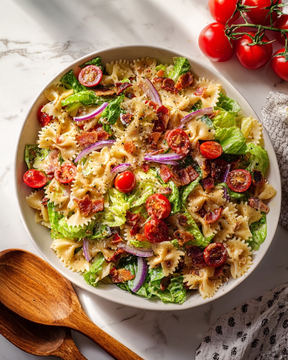 A white oval plate filled with a colorful salad featuring farfalle pasta mixed with fresh green lettuce, halved bright red cherry tomatoes, thin slices of purple onions, and crispy pieces of bacon scattered throughout. The textures vary from the smooth pasta and juicy tomatoes to crunchy bacon bits and leafy lettuce, all lightly coated with a creamy dressing. The plate sits on a white marbled surface, accompanied by a pair of wooden spoons and a bunch of cherry tomatoes in the background. The scene is bright and fresh, with natural lighting highlighting the vibrant colors photo taken with an iphone --ar 4:5 --v 7
