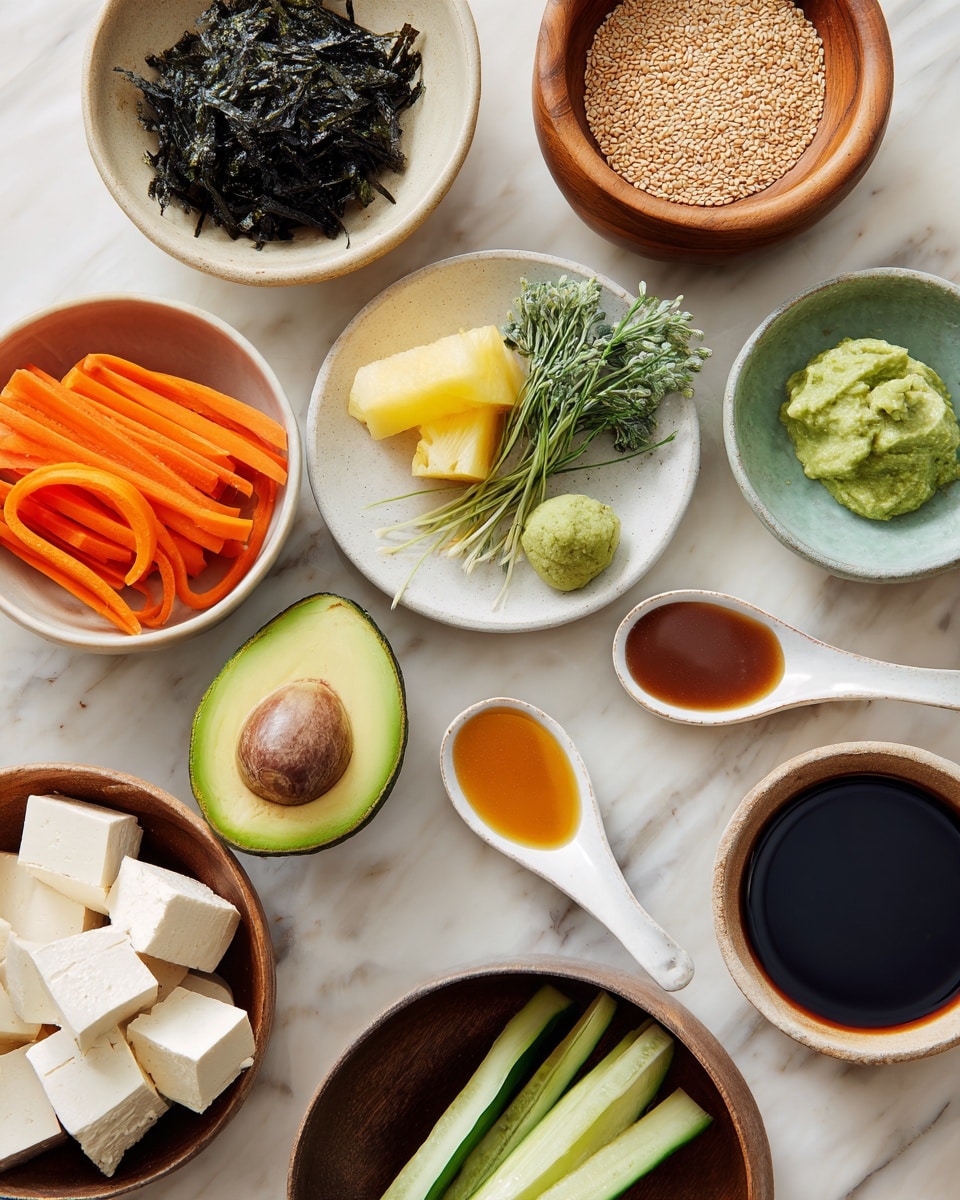 A flat lay of various fresh ingredients on a white marbled surface includes a beige bowl with dark green seaweed flakes on the top left, a wooden bowl filled with light brown sesame seeds below it, and a white bowl filled with thin, circular slices of bright orange carrot on the lower left. In the center, a halved avocado with a green outer peel and a pale yellow inside sits next to a white plate with green sprouts, a dollop of bright green wasabi, a light brown slice of pineapple, and two white ceramic spoons holding orange-brown sauce. To the right, there is a small bowl filled with dark brown soy sauce. On the lower right side, a bowl contains light green cucumber sticks, and next to it is a dark bowl filled with beige sliced tofu. In the bottom center, a bowl of white sushi rice is placed. All bowls and plates are white except for the wooden and dark bowls. Photo taken with an iphone --ar 4:5 --v 7