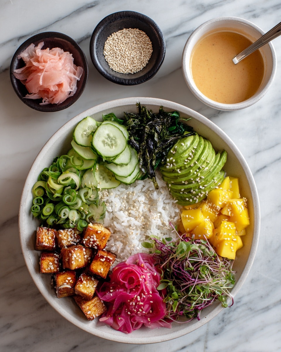 A white bowl holds a colorful poke bowl with 7 visible layers arranged in sections. The base layer is white rice covering the whole bottom. On top, from left to right, are thin cucumber slices in light green, some shredded dark green seaweed, chopped light green spring onions, bright green avocado slices fanned out, thin pink radish slices, yellow diced mango, small purple and green leafy sprouts, and golden brown cubes of grilled tofu sprinkled with white sesame seeds. Above the bowl on the white marbled surface are a small black bowl of beige sesame seeds, a small dark bowl filled with pale pink pickled ginger, and a white bowl of light orange sauce with a spoon in it. Photo taken with an iphone --ar 4:5 --v 7