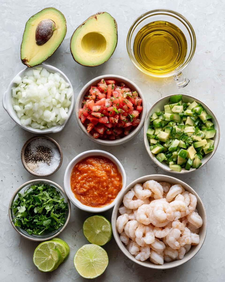 The image shows a set of small white bowls arranged on a white marbled surface, each holding different ingredients. At the top, there is a glass container with golden olive oil, and next to it are two avocado halves, one with the seed visible. Below are bowls containing white chopped onions, red salsa, and green chopped cucumbers, along with a bowl full of light pink cooked shrimp. There is also a small bowl with salt and black pepper, a bowl of green chopped cilantro, and one small bowl filled with orange hot sauce. Two lime halves rest near the bottom left corner of the arrangement. The overall look is fresh with bright colors and a neat layout. Photo taken with an iphone --ar 4:5 --v 7