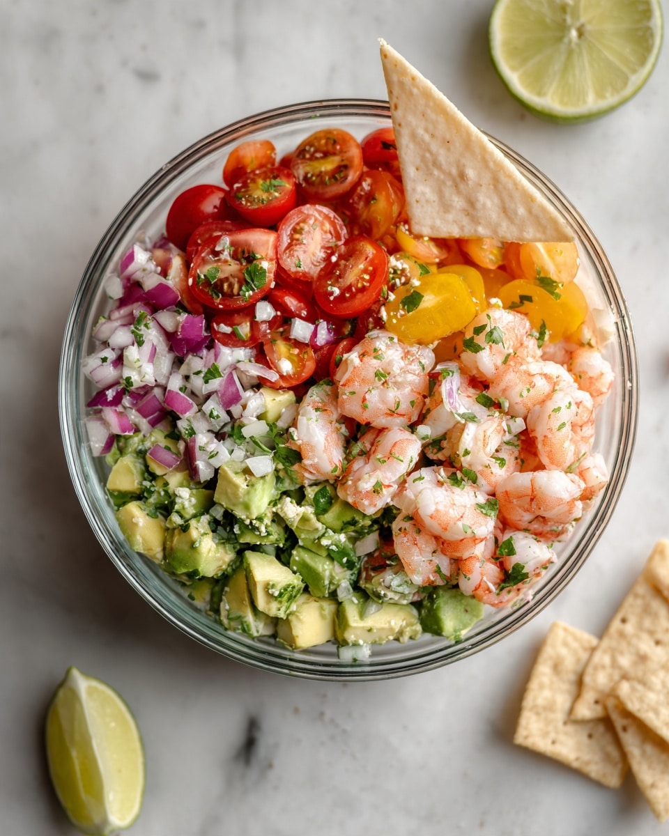 In the white bowl, there is a colorful shrimp salad with three layers: the base layer is chopped green cilantro and avocado pieces with smooth textures; on top of that, there are halved red and yellow cherry tomatoes showing a shiny, juicy surface; scattered throughout are light pink cooked shrimp with a slightly firm texture, some pieces of chopped red onions add a sharp contrast in color; a single white triangular cracker is placed on one side of the bowl. The bowl sits on a white marbled surface with a few tortilla chips and half a squeezed lime nearby. Photo taken with an iphone --ar 4:5 --v 7