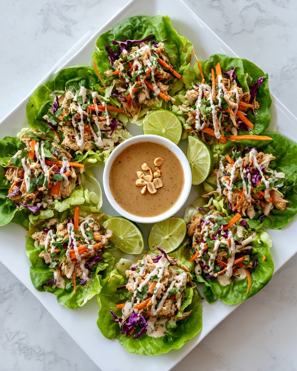 A white square plate holds ten lettuce wraps arranged in a circle on a white marbled surface. Each lettuce wrap has a large green leaf as the base, topped with small pieces of light brown cooked chicken, thin strips of orange carrot, and shredded purple cabbage. Drizzled white sauce is visible on top of the chicken and veggies. Green lime wedges are placed between some of the wraps around the plate's edge. In the center of the plate is a small white bowl filled with light brown peanut sauce, garnished with a few peanuts on top. Photo taken with an iphone --ar 4:5 --v 7