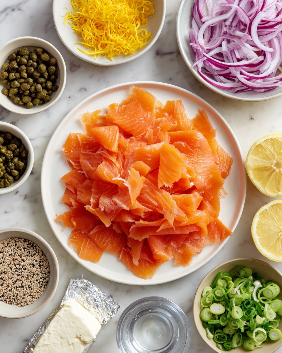 A white plate in the center holds thinly sliced bright orange smoked salmon laid out in a loose pile. Surrounding it are smaller white bowls filled with various ingredients: finely chopped red onions with a light purple color, thinly sliced green onions bright green and curly, yellow lemon zest strands, and capers showing a dark green, bumpy texture. There is also a block of cream cheese partially wrapped in silver foil placed directly on the white marbled surface. Two lemon halves with pale yellow insides rest nearby, with small bowls containing a beige powder and mixed seeds that include black and white colors. A clear small bowl of water sits at the bottom. photo taken with an iphone --ar 4:5 --v 7