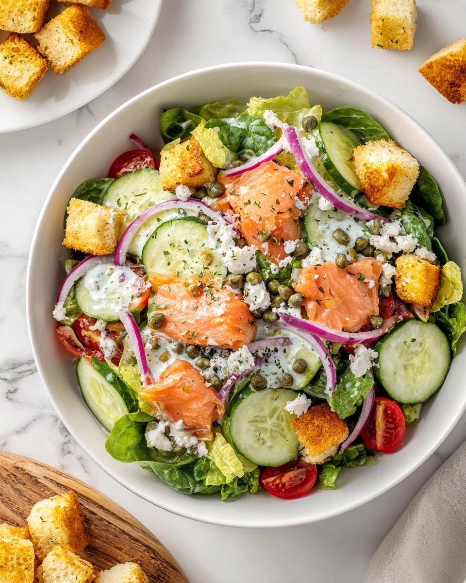 A white bowl filled with a fresh salad layered with bright green lettuce and spinach leaves as the base, topped with thinly sliced cucumber and cherry tomato halves adding red and green colors, scattered thin purple onion slices, orange smoked salmon pieces, and small golden brown croutons. White dressing is drizzled over the salad, with little white cheese crumbles and green capers spread throughout. The bowl is placed on a white marbled surface with part of a white plate of croutons on a wooden board visible nearby. Photo taken with an iphone --ar 4:5 --v 7