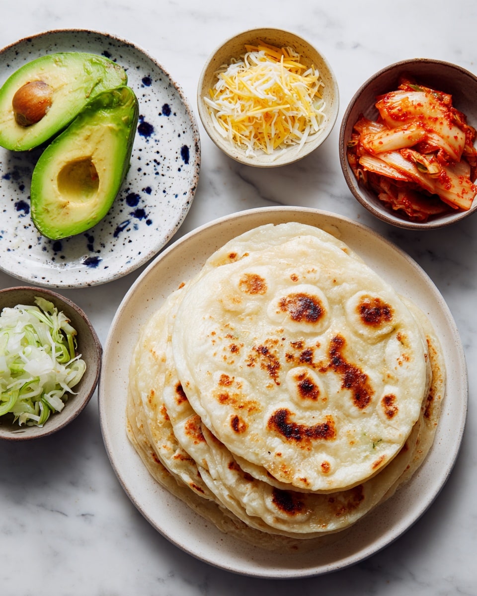 The image shows a white plate with four stacked soft tortillas on the right side with light brown toasted spots, beside a white marbled surface holding a set of small containers and bowls: one bowl with bright yellow shredded cheese, another small bowl with finely chopped white onions, and a slightly larger bowl containing reddish cooked kimchi with visible cabbage pieces. On the left, a white plate with dark blue spots holds two avocado halves with green flesh and a smooth texture in the center. Photo taken with an iphone --ar 4:5 --v 7