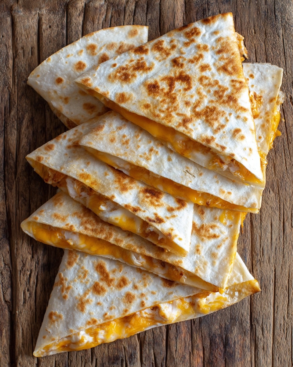 The image shows five triangular pieces of quesadilla arranged on a rough wooden board. Each quesadilla has a golden-brown toasted tortilla on the outside with visible scattered brown spots, and inside, you can see melted orange cheese and small bits of cooked onions and possibly chicken. The layers of tortilla are thin and slightly crispy, with the cheese oozing slightly at the edges. The quesadillas are placed closely together but not overlapping, giving a clear view of each piece’s texture and filling. The background has a plain wooden cutting board texture. photo taken with an iphone --ar 4:5 --v 7
