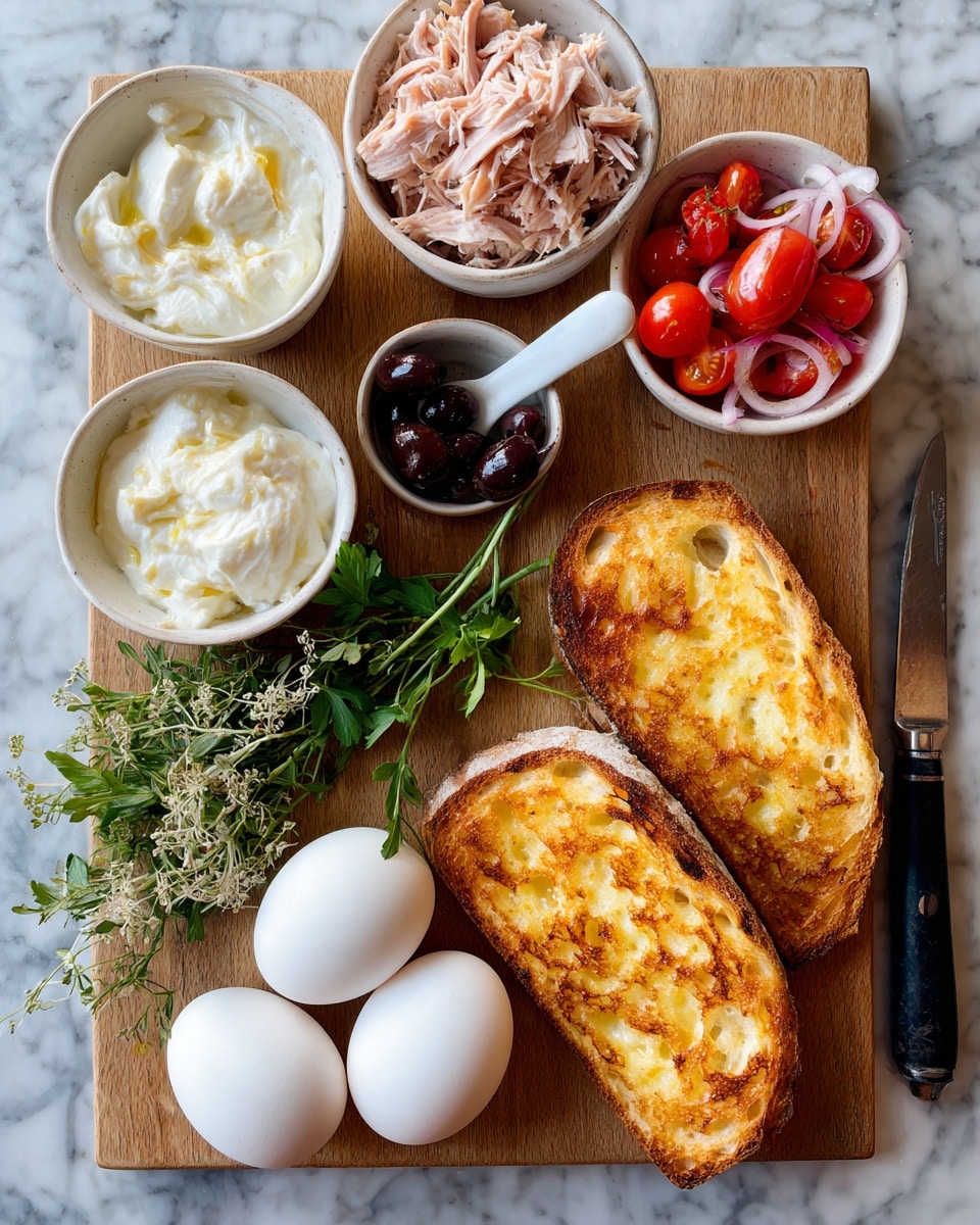 The image shows a wooden board with two pieces of toasted golden bread on the right side, each with a crispy surface. To the left, there are several small white bowls: one with light pink shredded meat, one with white creamy sauce, and one with red cherry tomatoes and thin white onion slices. Below the bowls, there are two white peeled boiled eggs placed directly on the wooden board. There is also a small white spoon holding black olives or prunes and fresh green herbs with thin leaves and delicate stems and flowers arranged near the eggs. A black-handled butter knife lies between the bowls and the toasted bread. The setting is on a white marbled surface. photo taken with an iphone --ar 4:5 --v 7