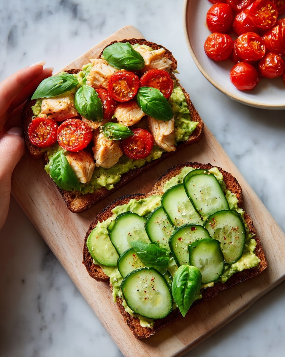 Two open-faced toasts are placed on a light wooden board over a white marbled surface. Each toast has four layers: the bottom layer is a slice of toasted brown bread with a rough texture, spread with mashed green avocado. On top of the avocado are thin, bright green cucumber slices arranged side by side. Fresh green basil leaves are placed over the cucumber, adding a leafy texture. The top layer consists of several vibrant red roasted cherry tomatoes scattered on each toast, along with light beige pieces of cooked chicken. A woman's hand is seen holding one toast at the top left corner. At the bottom right of the image, there is a white plate holding more roasted cherry tomatoes. Photo taken with an iphone --ar 4:5 --v 7