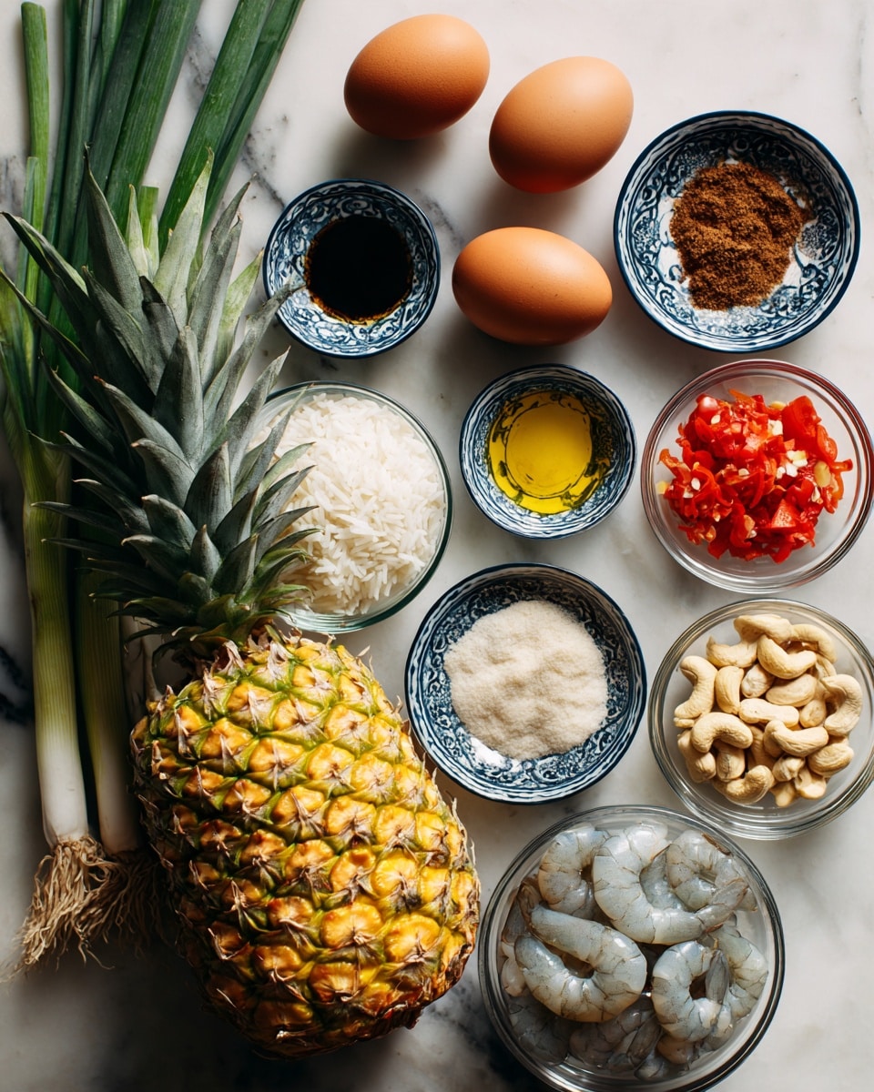 A whole pineapple with green spiky leaves and a yellow textured skin is placed on a white marbled surface. To the left, there are two long green onions with white roots, two brown eggs, and several small white bowls with blue rims filled with different ingredients: a brown spice powder, dark brown liquid, white salt, golden liquid, white granules, and sesame seeds. Clear glass bowls hold a pile of white cooked rice, chopped red tomatoes, raw shrimp with grayish shells, diced white onions, and light brown cashew nuts. The items are neatly laid out in a grid-like arrangement. Photo taken with an iphone --ar 4:5 --v 7