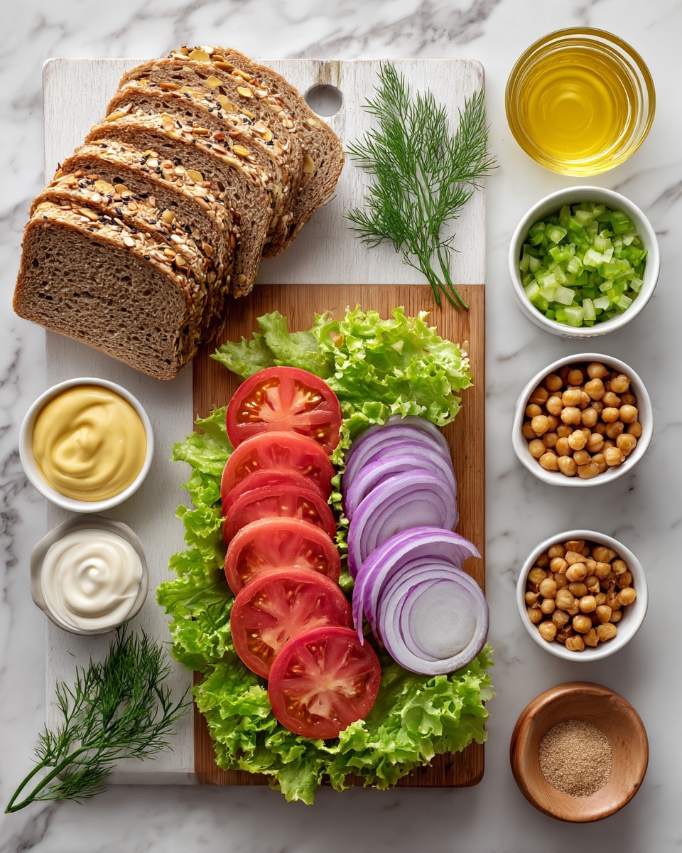 The image shows ingredients for a sandwich or salad arranged on a white marbled surface. On a wooden cutting board, there are four red tomato slices arranged in a stack on top of green leafy lettuce at the bottom. Above the tomatoes are several purple onion slices, each with a smooth texture. To the left of the board, there is a stack of seven slices of brown multigrain bread with visible seeds. Around the board, there are several small white bowls and a white cup holding ingredients: one bowl with green chopped celery, one with chickpeas, one with a yellow mustard-like paste, one with white mayonnaise, a glass with clear yellow liquid, and a small wooden bowl containing a light brown powder. Fresh dill sprigs are also placed on the cutting board. photo taken with an iphone --ar 4:5 --v 7