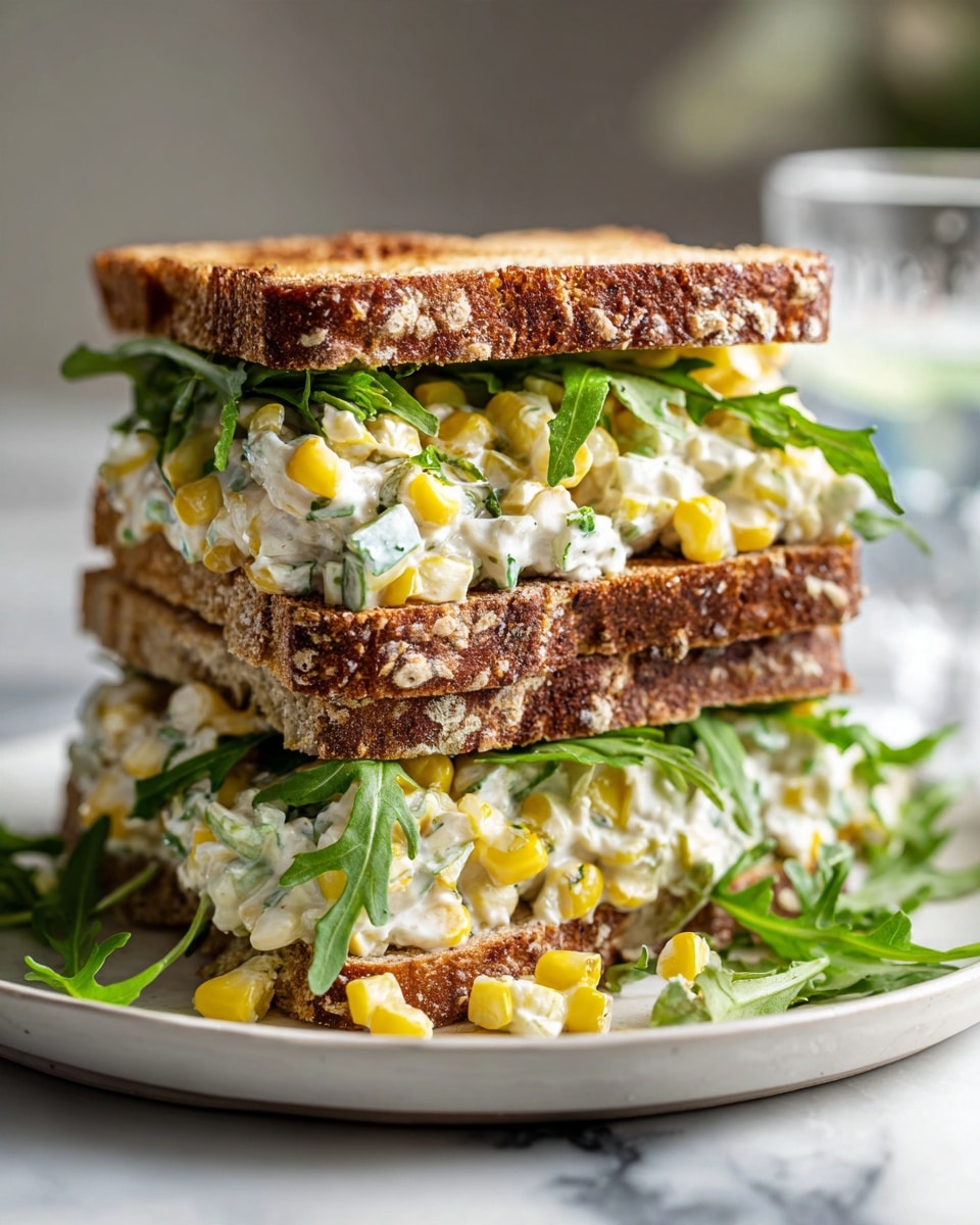 A tall sandwich stacked in two layers of toasted brown bread with a rough texture, each layer filled with creamy white salad containing yellow corn bits and green celery pieces, topped with fresh green leafy arugula leaves. Some salad and arugula spill out onto a white plate beneath, which sits on a white marbled surface. A blurred glass of water is in the background. Photo taken with an iphone --ar 4:5 --v 7