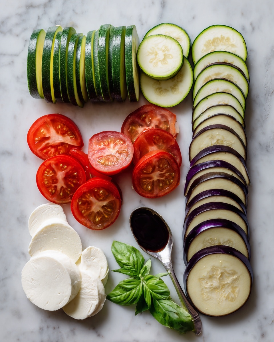 The image shows layers of fresh sliced vegetables and cheese arranged on a white marbled surface. There are thick green slices of zucchini stacked in a curved line at the top left, while below them are round slices of pale eggplant with dark purple edges placed in a neat row. At the bottom left, there are smooth white slices of mozzarella cheese fanned out. Two bright red tomatoes with green stems sit near the left center. Fresh green basil leaves are placed near the eggplant slices, adding a pop of color. A small silver spoon holds a dark balsamic glaze, resting beside the basil on the right side. The mix of green, white, red, and purple colors creates a fresh and vibrant look. photo taken with an iphone --ar 4:5 --v 7
