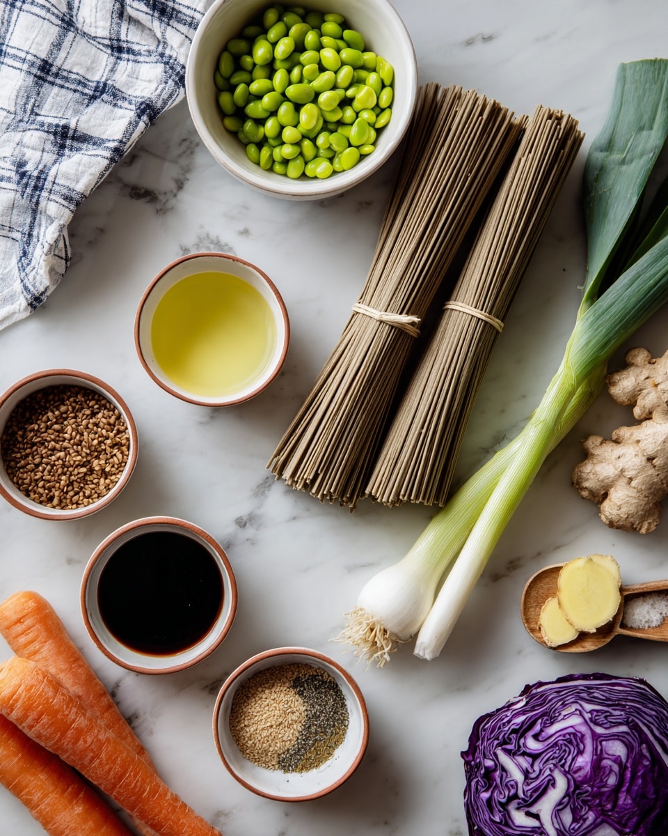 The image shows various ingredients laid out on a white marbled surface. There are two bundles of light brown soba noodles with a pale yellow wrapping, placed near the center. To the right, there are three fresh green onions with white bulbs and long green stems. A half head of purple cabbage with white veins rests on the surface on the lower right side. Two whole carrots rest at the top left corner near a white bowl filled with bright green edamame beans. Left of the noodles are five small round white bowls with terracotta rims, each containing different ingredients: pale yellow liquid, a dark brown liquid, light brown sesame seeds, a brown spice mix, and a pale green liquid. At the top right, a tablespoon with chopped ginger lies on the marble surface. A white and navy checkered cloth is partly visible in the top left corner. photo taken with an iphone --ar 4:5 --v 7