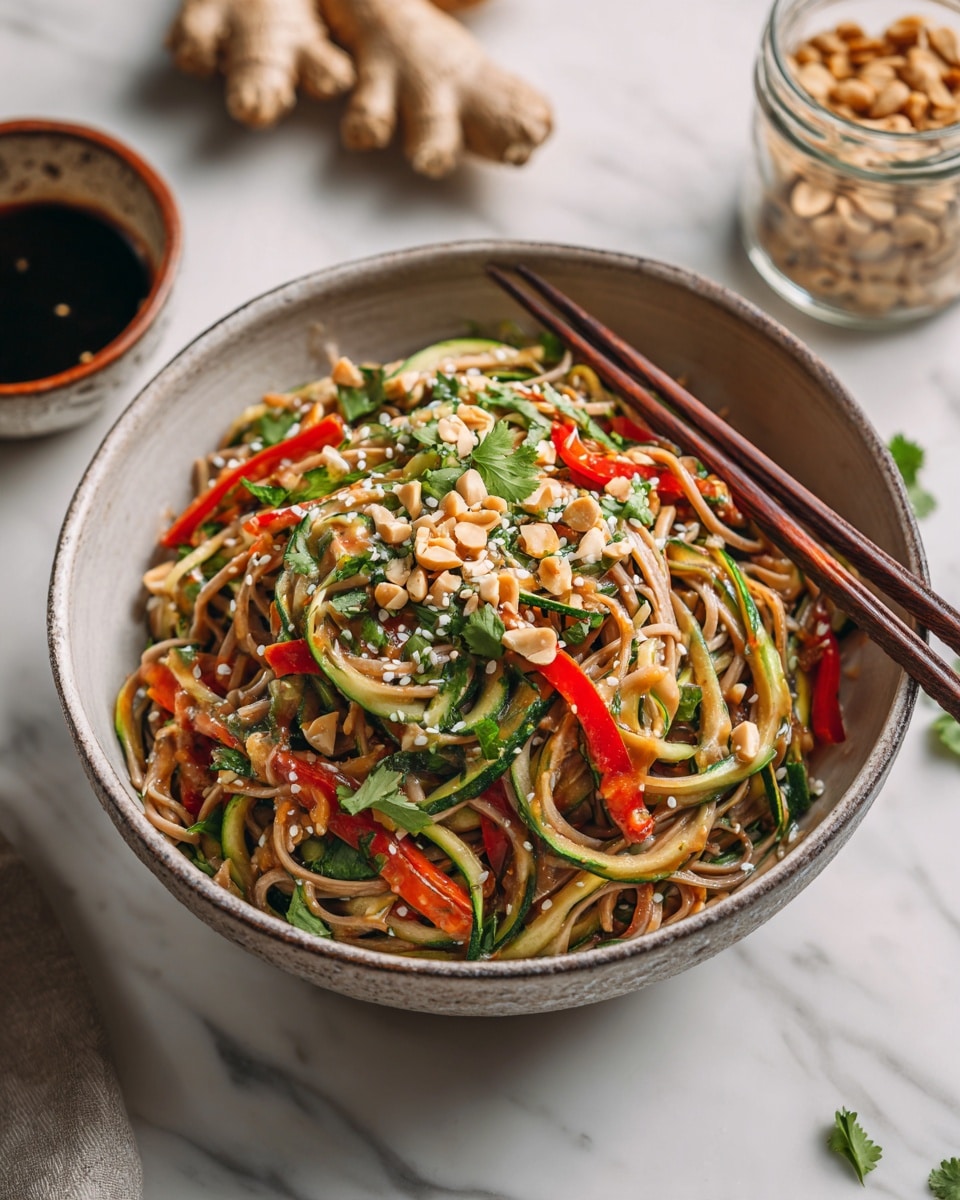 A bowl filled with a colorful noodle salad, featuring light brown noodles mixed with thin green zucchini spirals and strips of red bell pepper, topped with chopped green onions, crushed peanuts, cilantro leaves, and sprinkled white sesame seeds. The bowl is placed on a white marbled surface with beige ginger roots, a jar of peanuts, and a small bowl of dark sauce nearby. A pair of wooden chopsticks rests on the edge of the bowl. Photo taken with an iphone --ar 4:5 --v 7