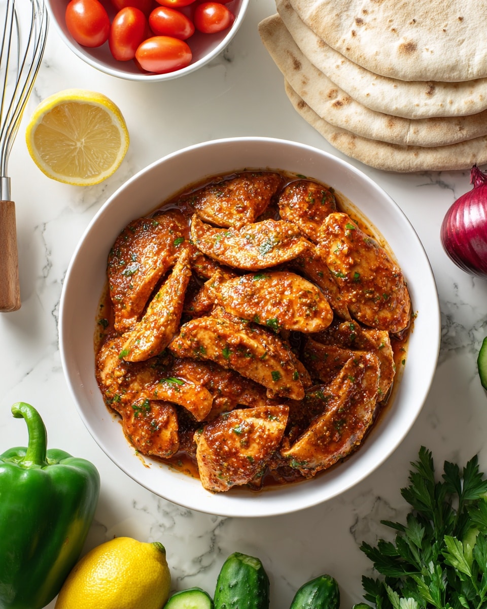 A white bowl filled with raw marinated chicken strips arranged in overlapping layers, each piece coated in a shiny reddish-brown seasoning sauce with visible specks of herbs and spices. Surrounding the bowl on a white marbled surface are a green bell pepper, a bunch of small red grape tomatoes in a white bowl, a whole lemon, a long cucumber, and three pieces of white pita bread stacked on the right side. Additional fresh ingredients, including green parsley leaves and a whole red onion, are partially visible around the edges. A woman's hand holding a whisk is seen on the left corner. Photo taken with an iphone --ar 4:5 --v 7
