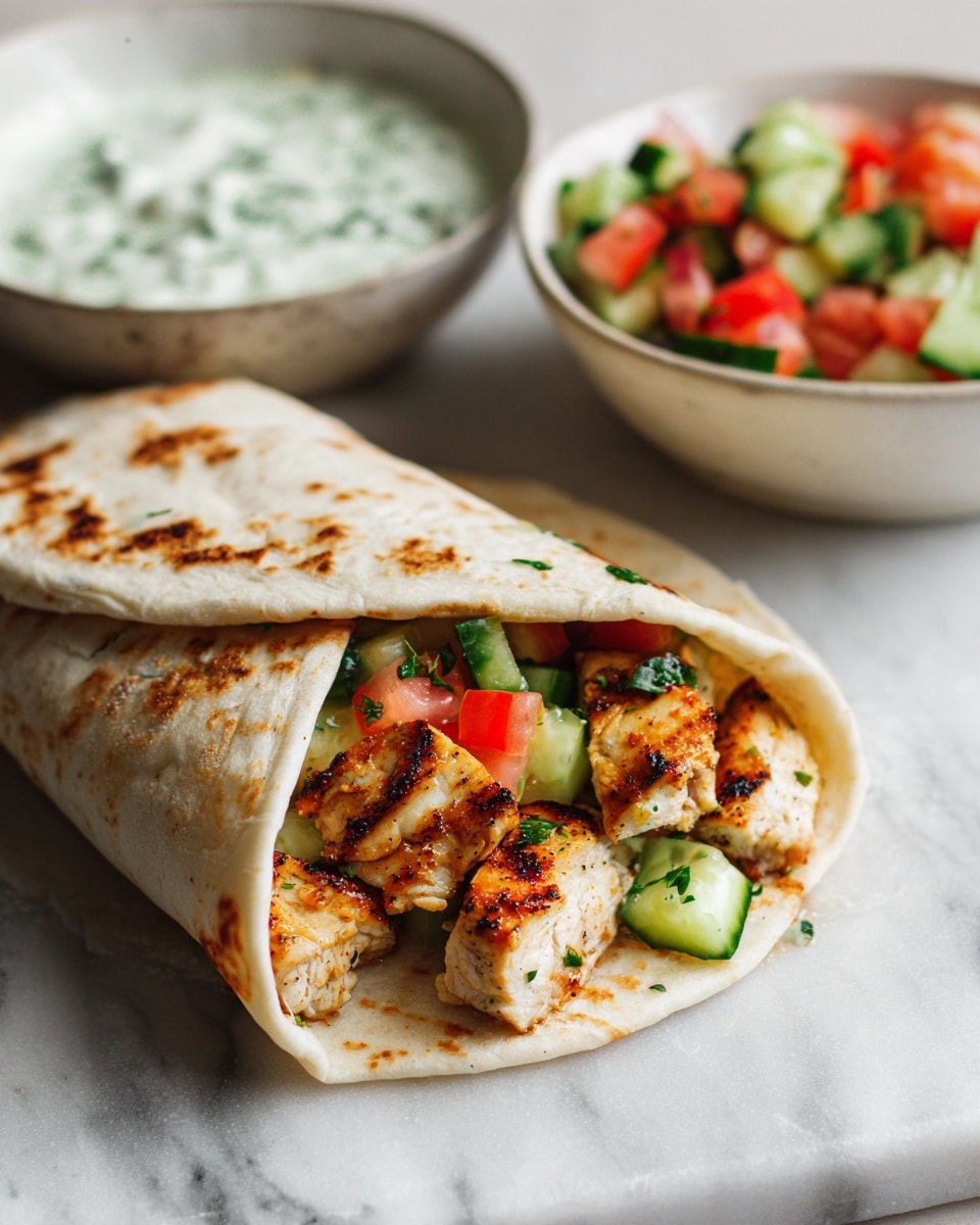 A white flatbread wrap folded over grilled, slightly charred pieces of golden-brown chicken layered with small cubes of bright green cucumber and red tomato. The wrap is placed on a white marbled surface alongside a white bowl filled with more fresh diced cucumber and tomato. Another white bowl nearby contains a creamy white sauce with some green herbs visible. The texture of the flatbread looks soft with a slight crisp on the edges. photo taken with an iphone --ar 4:5 --v 7