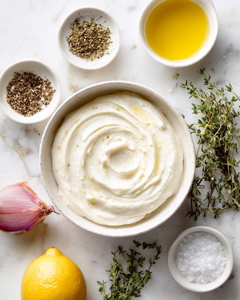 A round white bowl is filled with a creamy, smooth white spread that has soft, gentle swirls on its surface. Surrounding the bowl on a white marbled texture are several ingredients: a small white bowl with golden yellow oil, a small white bowl filled with coarse black pepper, a pink shallot with dry skin, fresh green thyme sprigs with small leaves, a small white bowl of coarse salt, and a bright yellow lemon. The arrangement is neat and clean, with all items spaced evenly around the main bowl. photo taken with an iphone --ar 4:5 --v 7