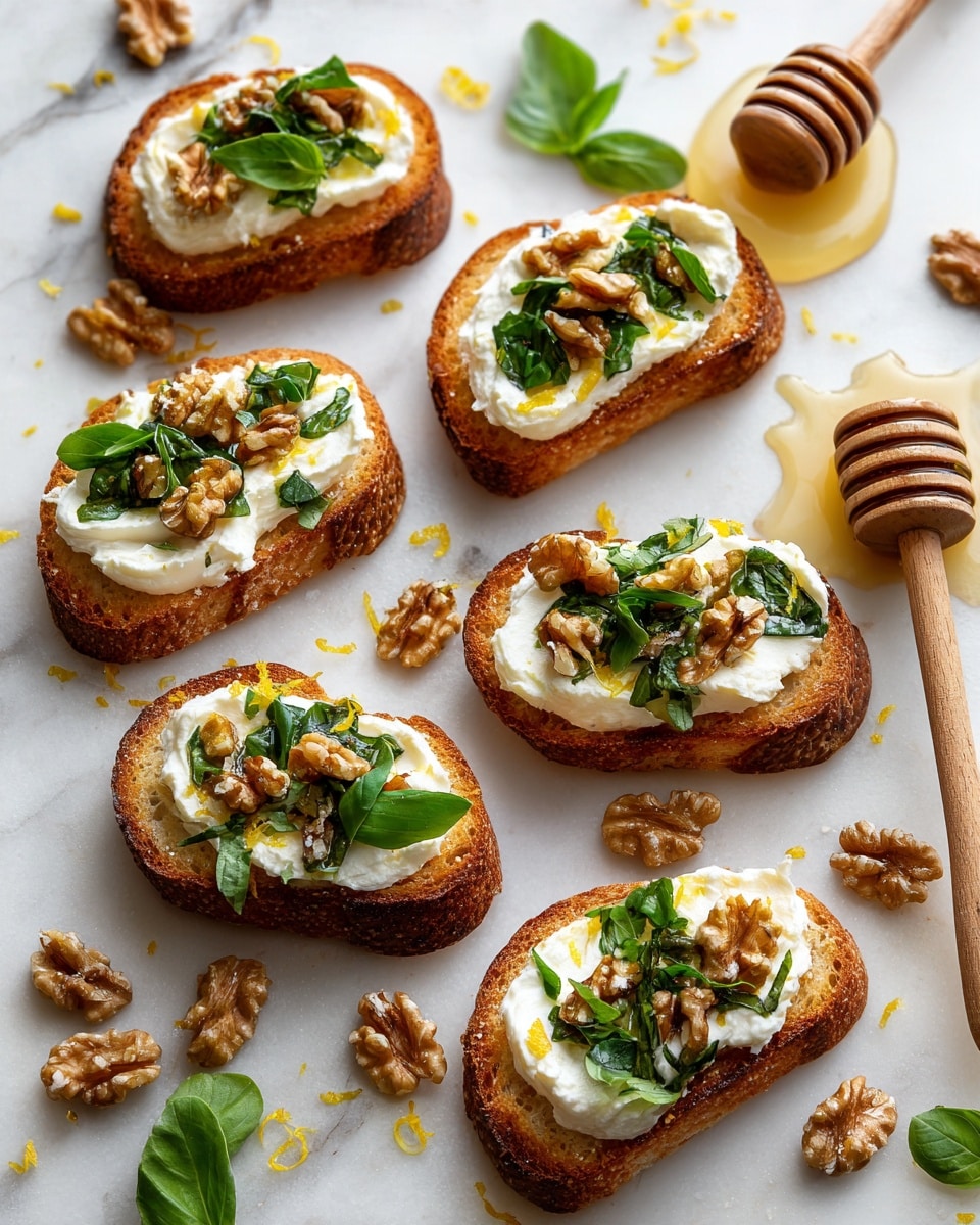 There are six small pieces of golden brown toasted bread laid out on a white marbled surface. Each toast is topped with a thick layer of smooth white cream cheese, sprinkled with chopped green basil leaves and walnut pieces. Around the toasts, a few scattered walnut halves and drops of honey near a wooden honey dipper add texture and color contrast, with slight yellow lemon zest scattered across the surface. The arrangement looks fresh and inviting with natural lighting. Photo taken with an iphone --ar 4:5 --v 7