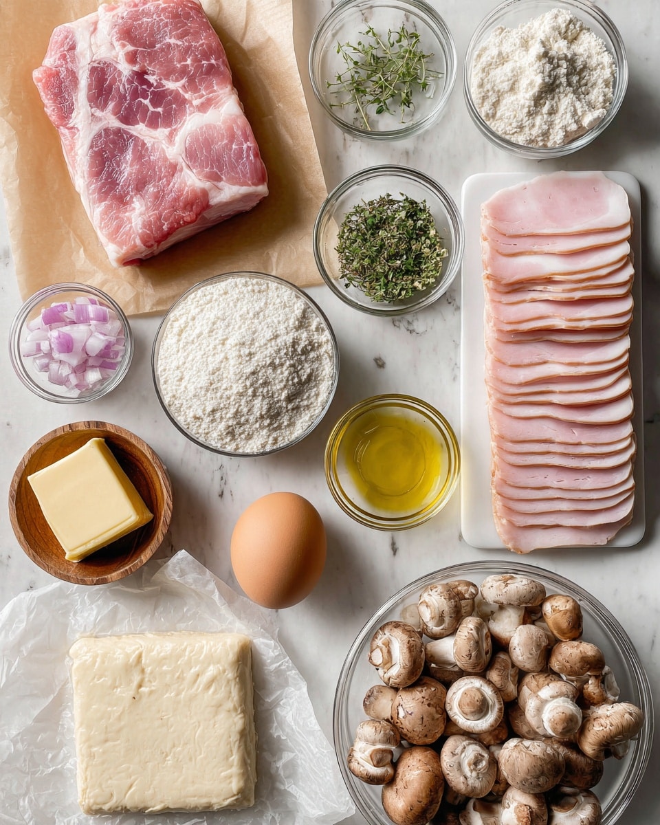 The image shows ingredients arranged neatly on a white marbled surface. There is a raw piece of pink meat with white marbling on a sheet of brown paper in the top left. Next to it on the right are thin slices of light pink ham stacked in a row on a white backing. Below the meat are two glass bowls, one with white flour and one with small green herb leaves. Next to these are a small wooden bowl filled with coarse white salt and another glass bowl with chopped pale purple onions. Below the onions is a small glass bowl with smooth yellow mustard and next to it a small square of light yellow butter. In the bottom left corner is a brown egg and a rectangular sheet of pale dough folded in layers on a white paper. At the bottom right is a glass bowl filled with mixed brown and beige mushrooms of different sizes and textures. photo taken with an iphone --ar 4:5 --v 7