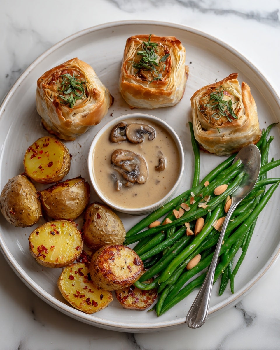 The image shows a white plate with five golden brown pastry-wrapped items, each topped with a small sprig of green herb. To the right side of the plate, there is a pile of bright green beans garnished with small sliced almonds. At the top left, there are small yellow roasted potatoes with red pepper flakes. In the center of the plate, there is a small bowl filled with creamy light brown sauce with visible mushroom pieces, with a silver spoon resting inside it. The plate sits on a white marbled surface. photo taken with an iphone --ar 4:5 --v 7