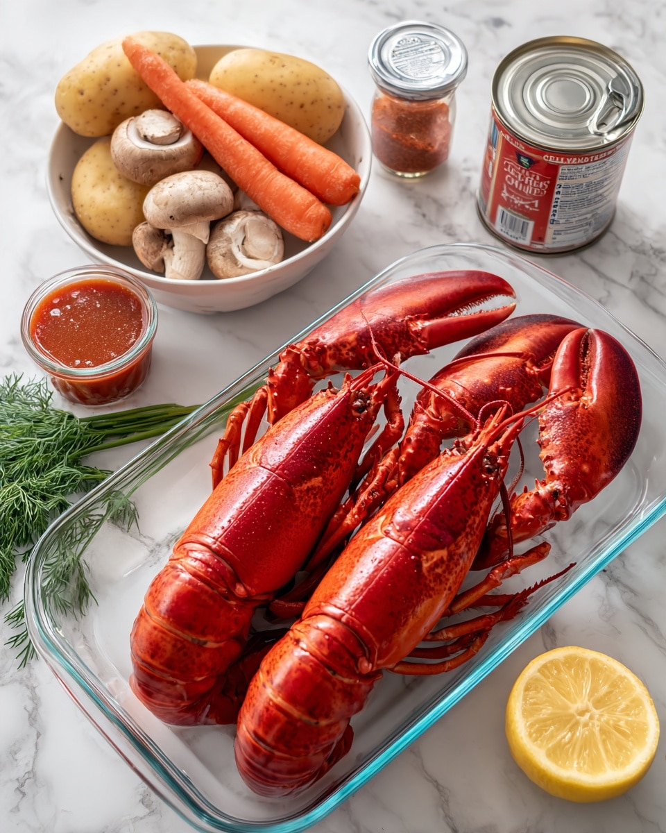 The image shows two bright red cooked lobsters lying side by side in a clear glass rectangular dish, placed on a white marbled surface. Behind the dish, there is a round white bowl containing fresh vegetables: two tan potatoes, a carrot, an onion, some mushrooms, and green dill. To the right, a yellow plate holds half a lemon. Nearby, a small white container of paprika, a can of tomato paste with a white label, and a glass bottle of seafood broth are visible, all arranged neatly on the white marbled surface. The colors range from red lobster shells to earthy vegetable tones and bright yellow lemon, balancing the image. Photo taken with an iphone --ar 4:5 --v 7