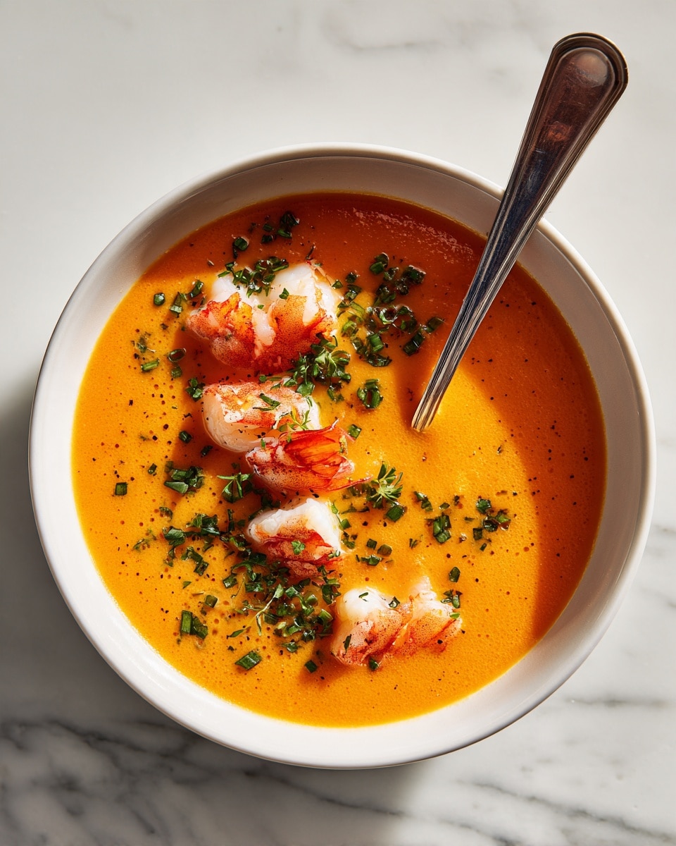 A bowl of thick orange soup fills a white bowl sitting on a light white marbled surface. On one side of the bowl, pieces of white and red seafood are neatly lined up, slightly submerged in the soup. Small green chopped herbs are sprinkled over the soup, adding a fresh touch. A spoon with a long handle rests inside the bowl, standing upright. The lighting is bright, showing the smooth texture of the soup clearly. photo taken with an iphone --ar 4:5 --v 7
