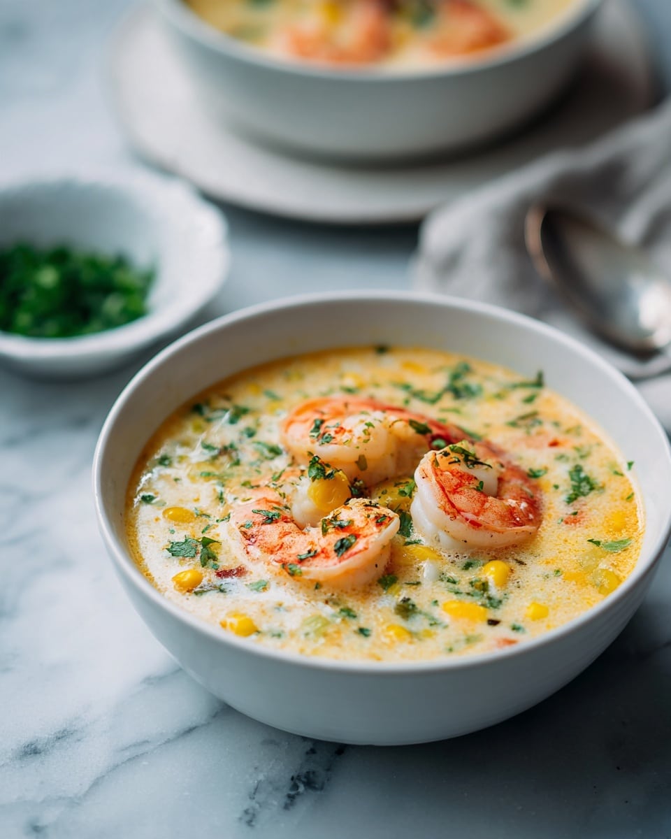 A white bowl sits on a white marbled surface filled with creamy soup that has a light orange-yellow color with small chunks of corn, green herbs, and bits of onion. On top, several cooked shrimp with a light pink and orange hue rest near the center, adding texture and color contrast. In the blurred background, there is another white bowl of soup and a small white dish with chopped green herbs. The setting has a soft, natural light with a casual, warm feeling. photo taken with an iphone --ar 4:5 --v 7